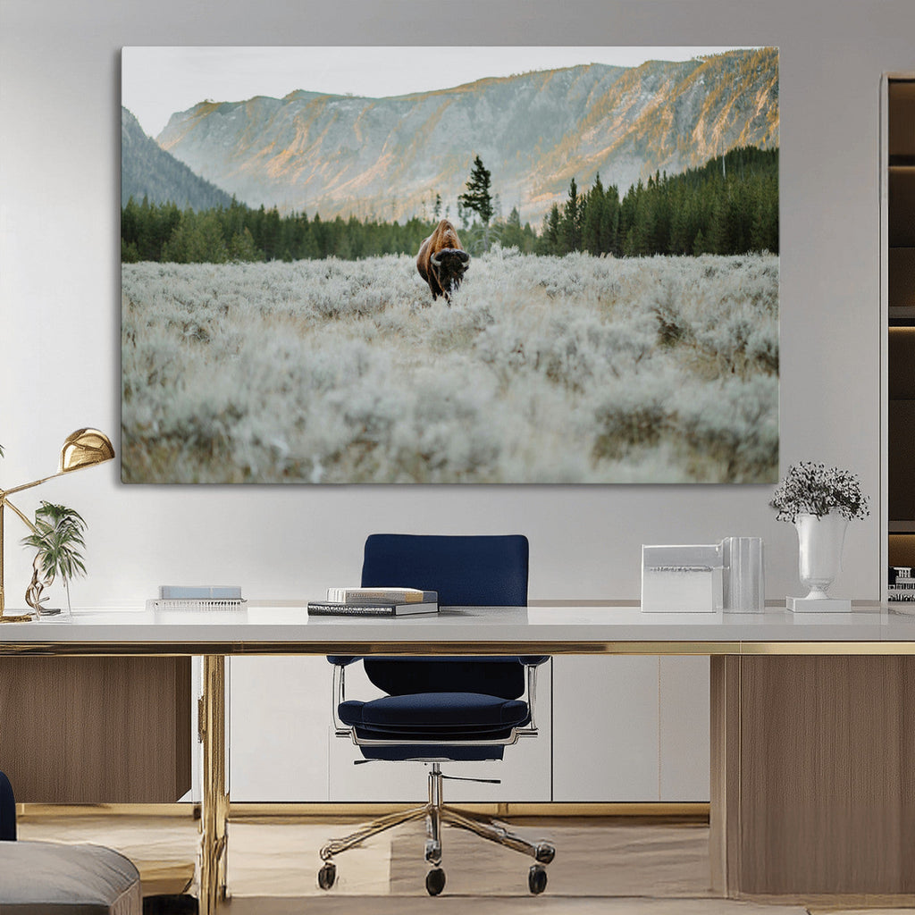 Wild Bison Wall Art Canvas Print, Majestic Mountain Pines and Misty Wilderness