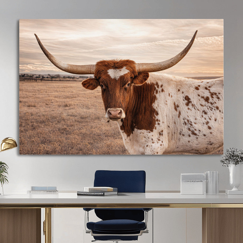 Texas Longhorn Cow Canvas Wall Art, Majestic Bull on a Rustic Western Farm