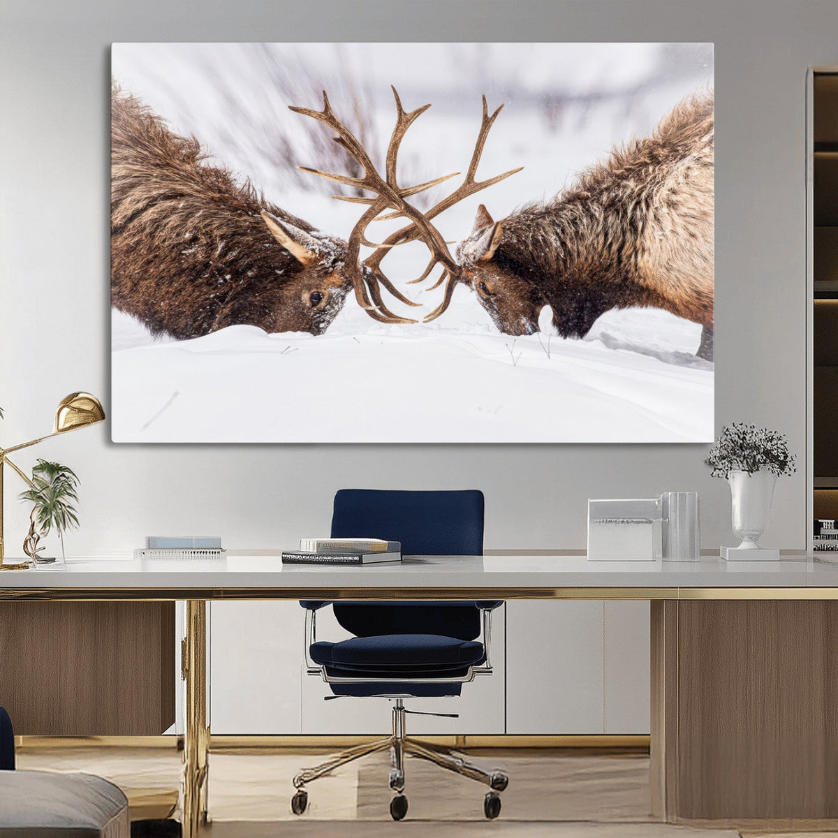 Dramatic Elk Antler Battle Wall Art Canvas Print, Snowy Wildlife Scene