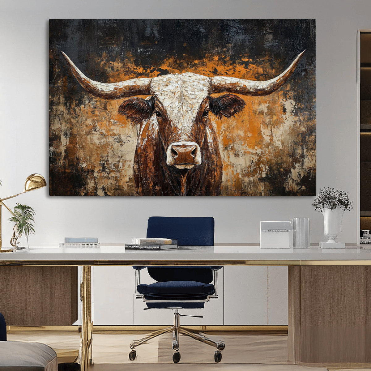 Abstract Longhorn Bull Wall Art Canvas Print, Vintage Western Texas Steer Artwork