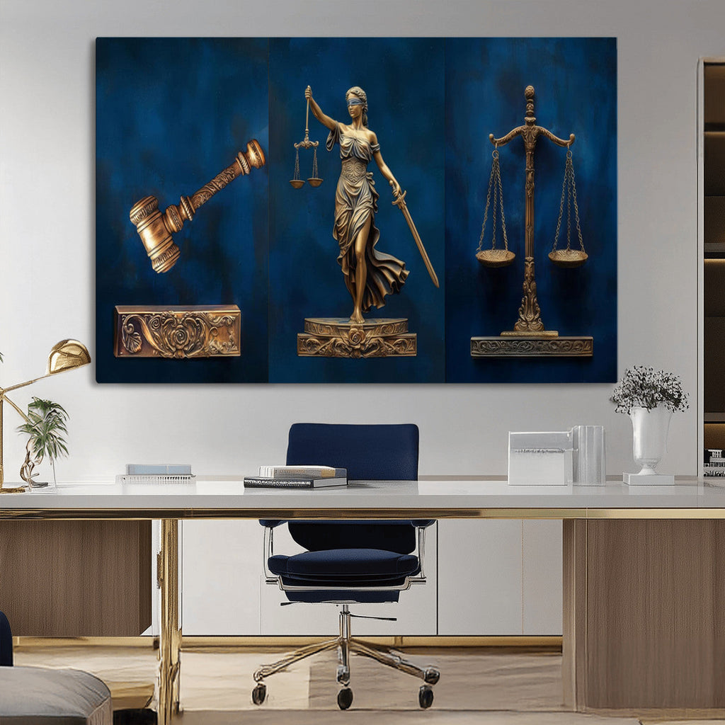 Lady Justice Wall Art Canvas Print, Elegant Gold Legal Symbols on Blue, Law Office Decor