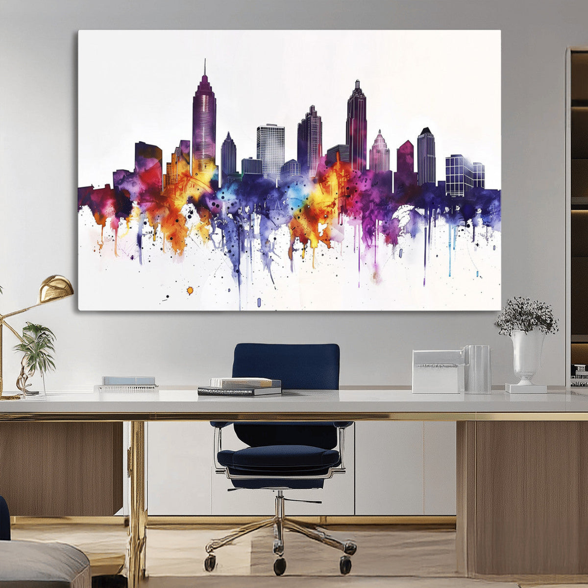 Atlanta Skyline Wall Art Canvas Print, Framed Colorful Watercolor Cityscape