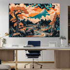Japanese Landscape Wall Art Canvas Print, Mount Fuji with Flowing River and Autumn Trees