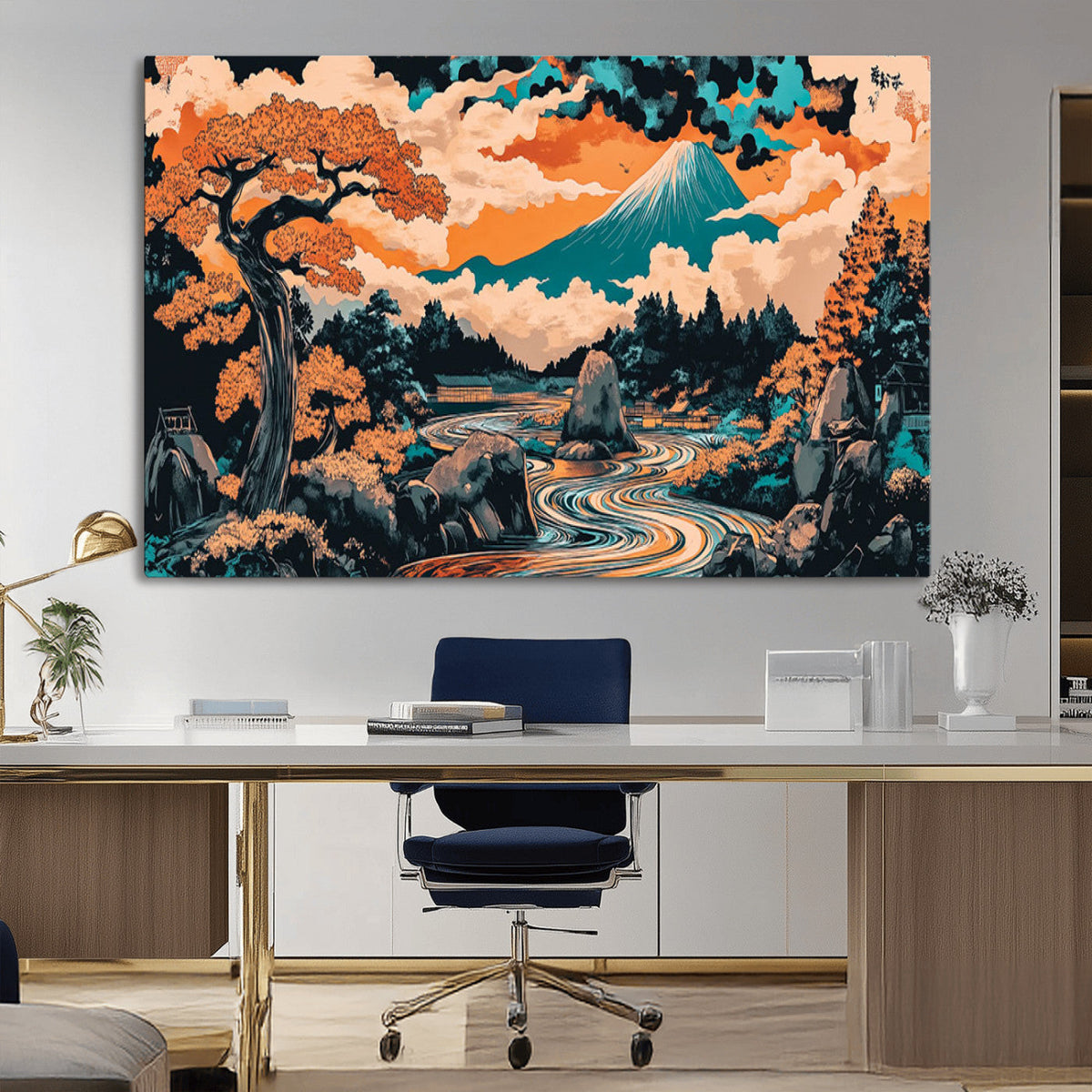 Japanese Landscape Wall Art Canvas Print, Mount Fuji with Flowing River and Autumn Trees