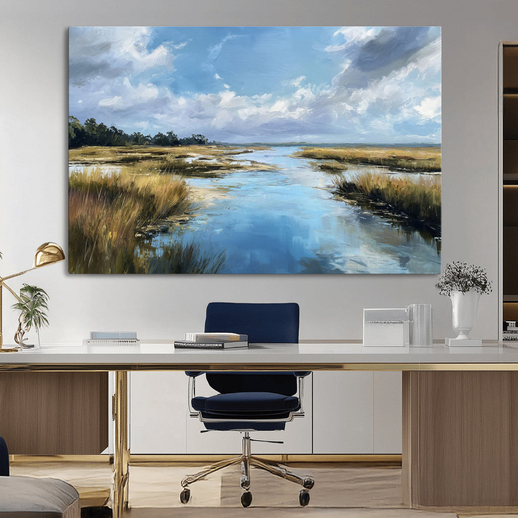 Marshland Wall Art Canvas Print, Serene Water Reflection with Blue Sky and Golden Grass