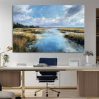 Marshland Wall Art Canvas Print, Serene Water Reflection with Blue Sky and Golden Grass