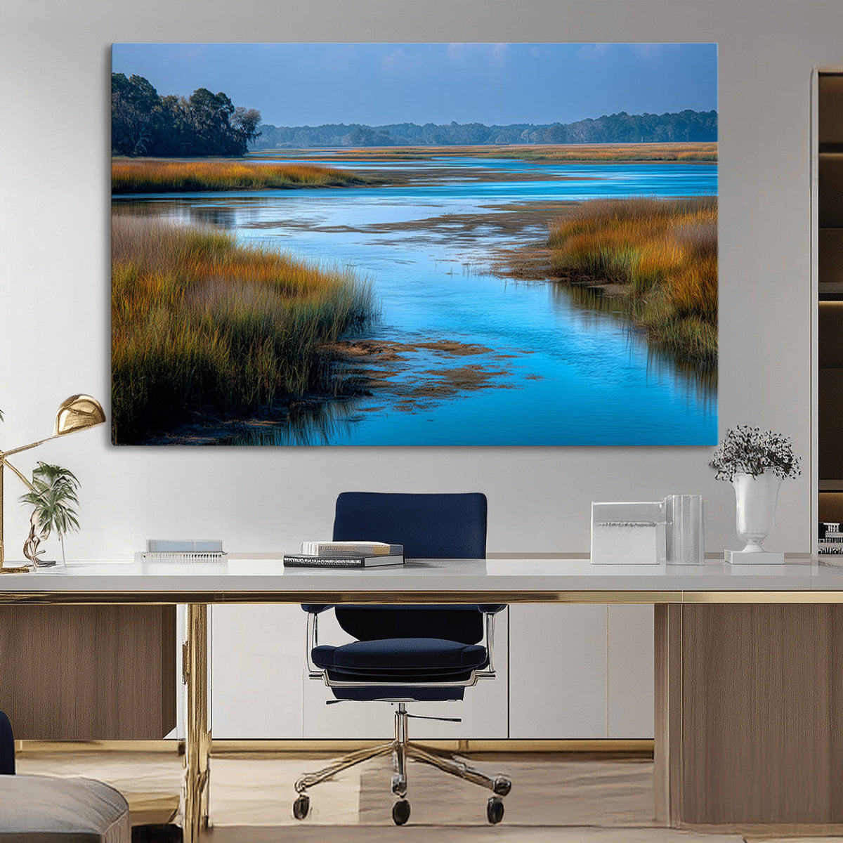 Tranquil Marshland Wall Art Canvas Print, Blue Water Reflecting Sky and Golden Grasses