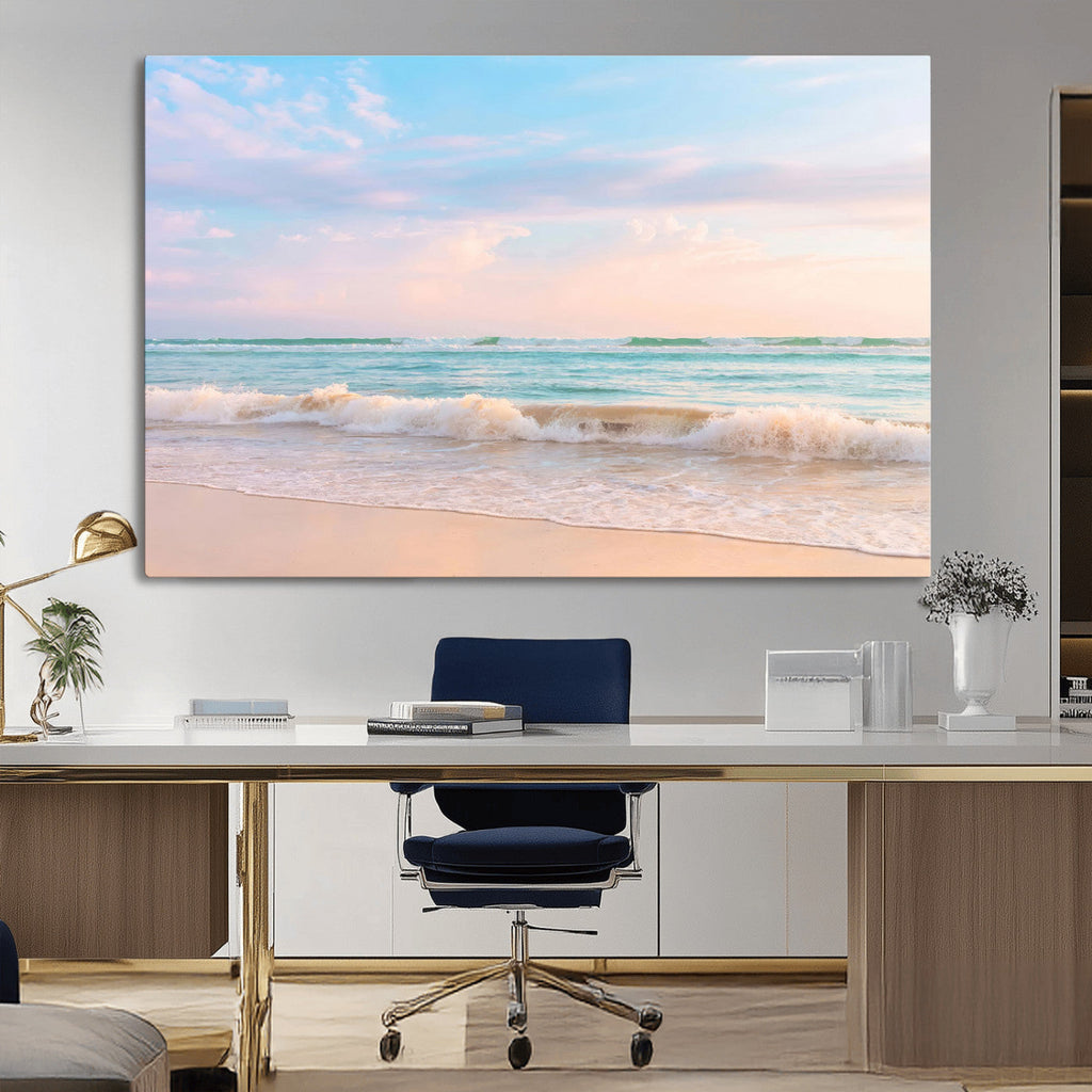 Serene Ocean Waves Wall Art Canvas Print, Pastel Sky Over a Soft Sand Beach