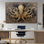 Octopus Wall Art Canvas Print, Black and Gold Detailed Tentacles Nautical Illustration