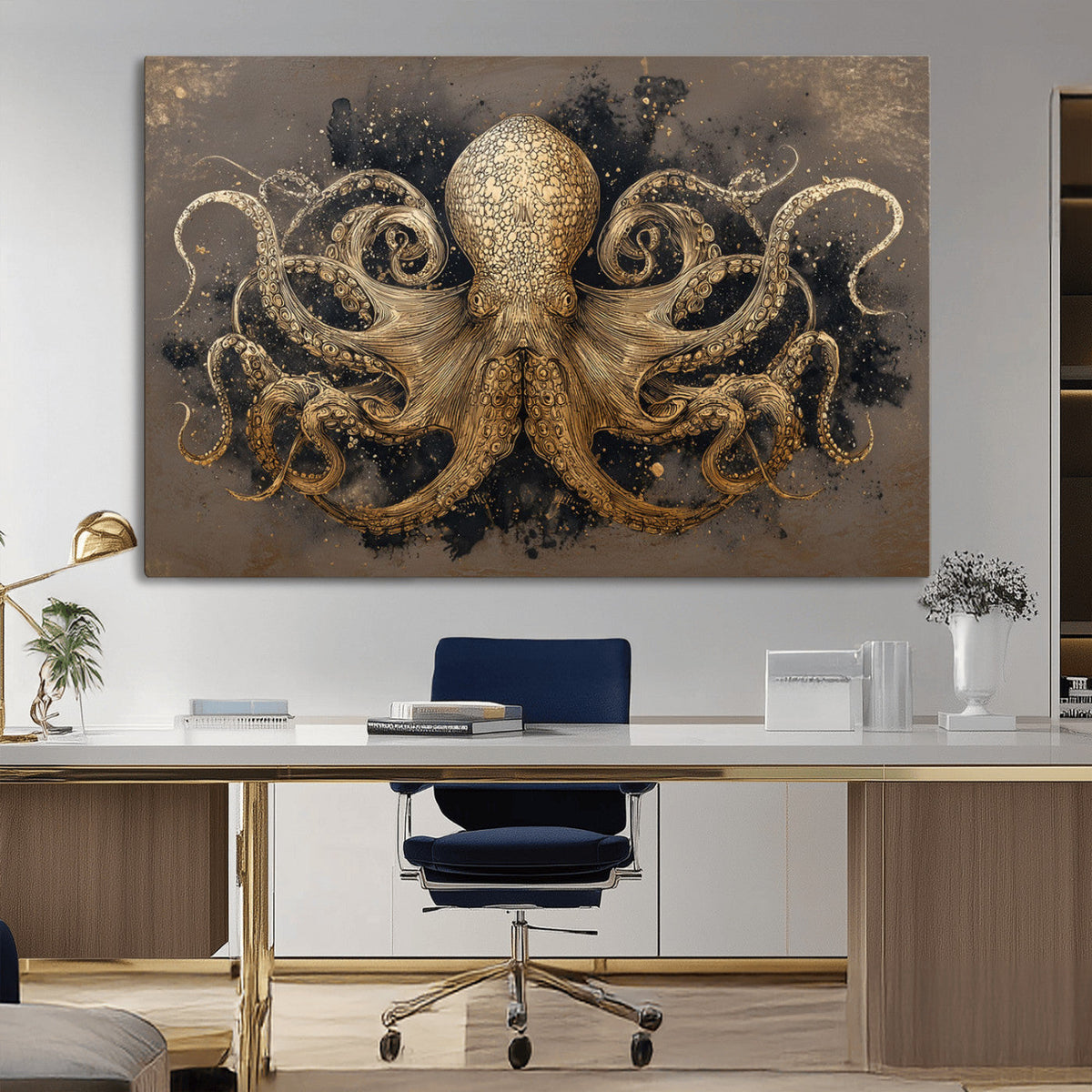 Octopus Wall Art Canvas Print, Black and Gold Detailed Tentacles Nautical Illustration