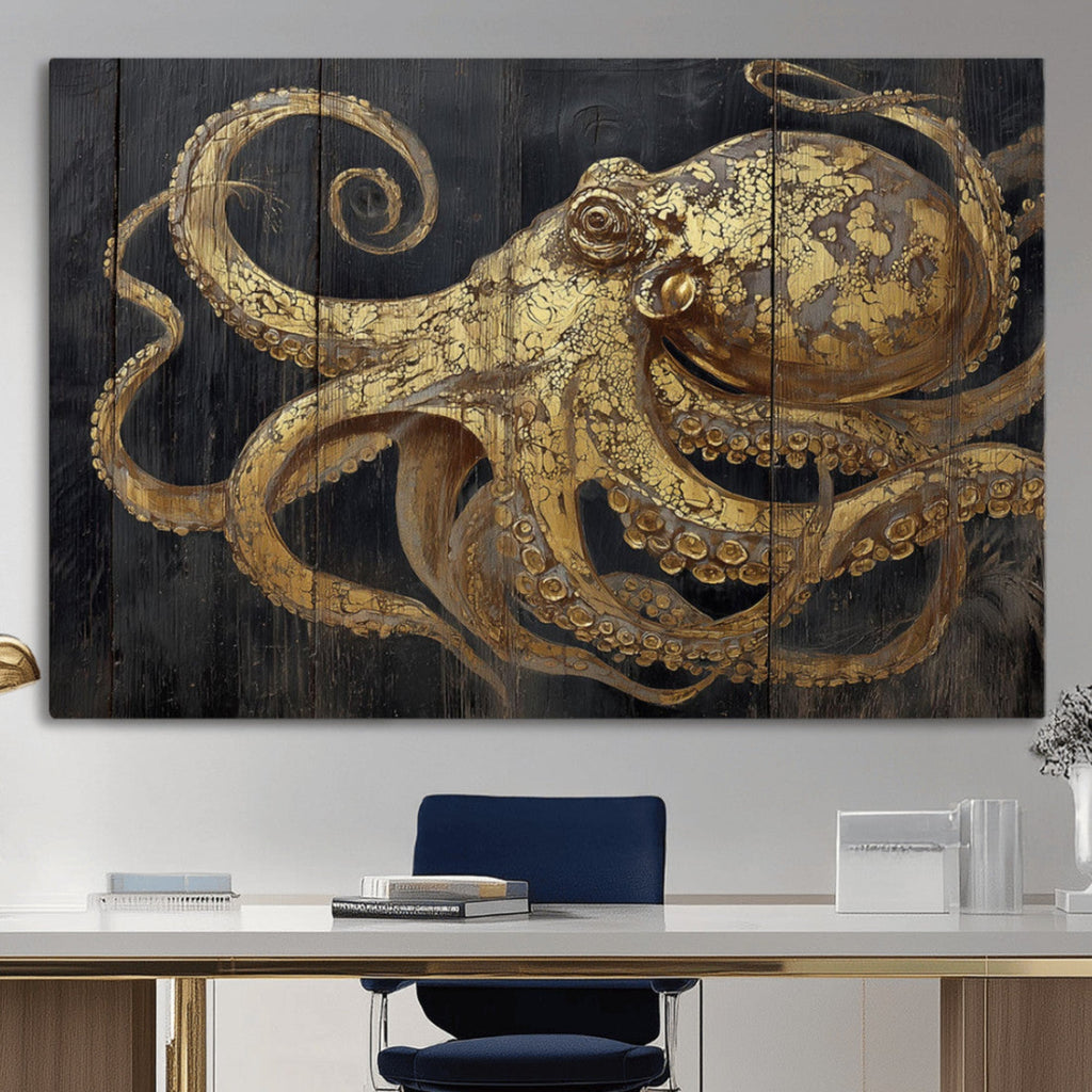 Octopus Wall Art Canvas Print, Gold Detail Octopus on Wooden Plank Background