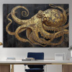 Octopus Wall Art Canvas Print, Gold Detail Octopus on Wooden Plank Background