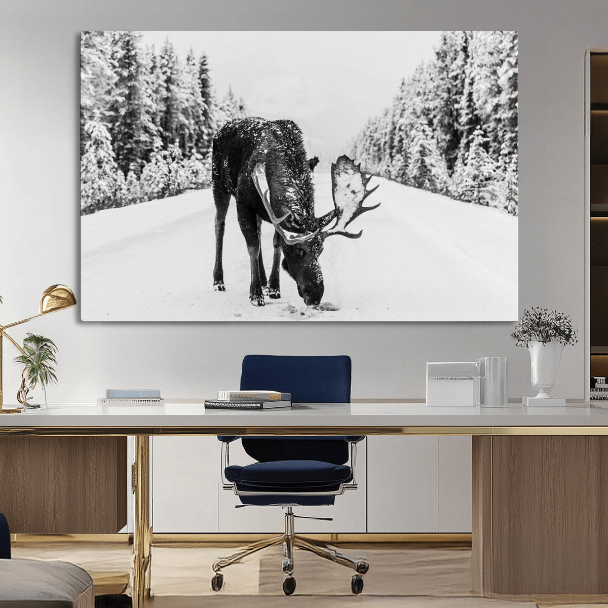 Moose Wall Art Canvas Print, Winter Moose with Antlers in a Snowy Forest
