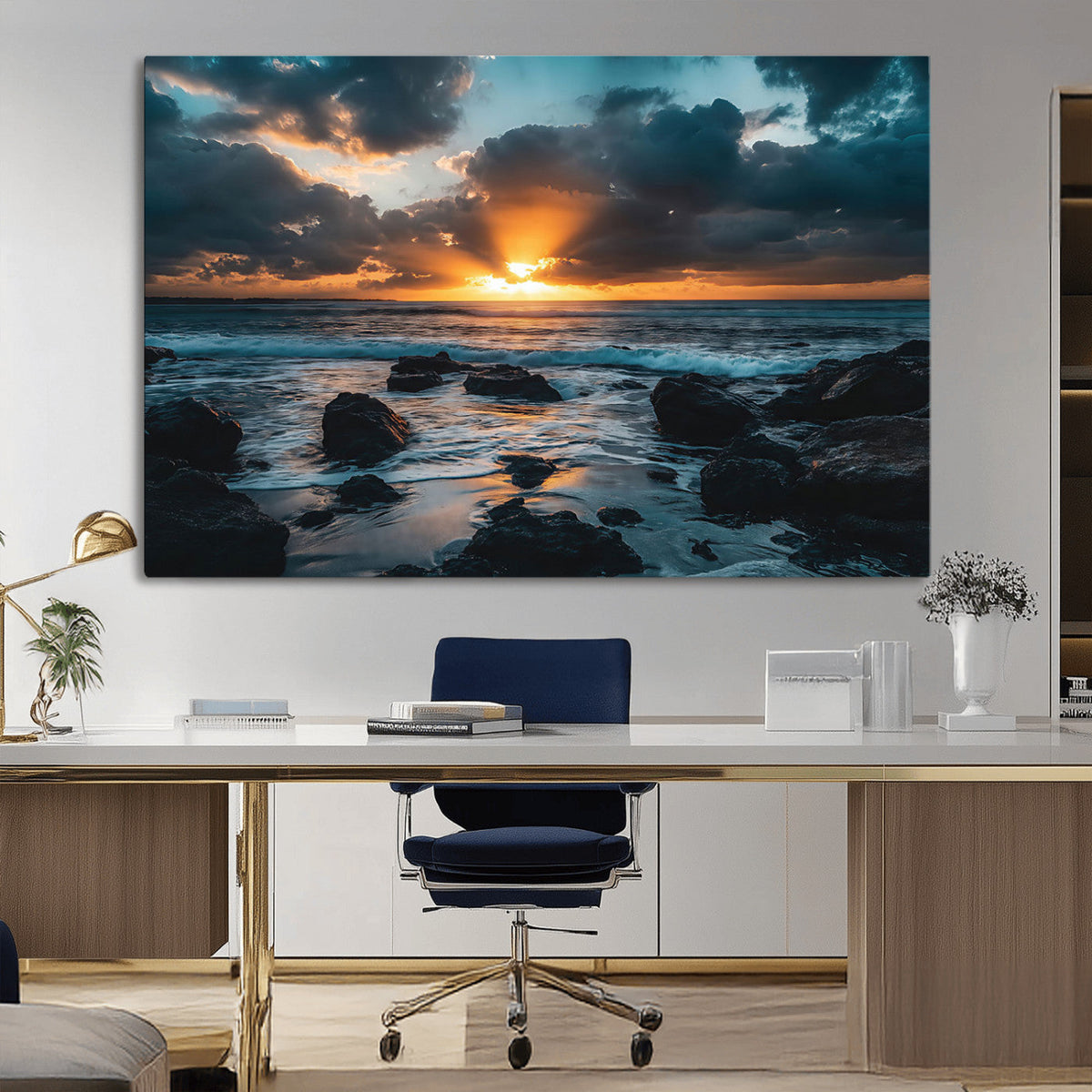 Ocean Sunset Wall Art Canvas Print, Rocky Shore Waves and Golden Sun Rays