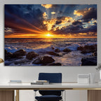 Sunset Ocean Wall Art Canvas Print, Waves on a Rocky Shore Under Dramatic Sky