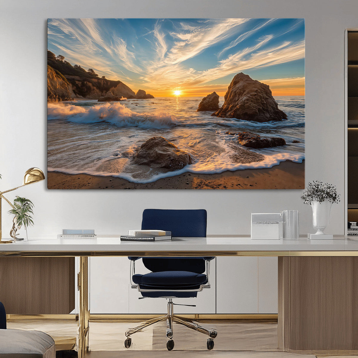 Rocky Ocean Sunset Wall Art Print, Seaside Canvas with Dramatic Seascape