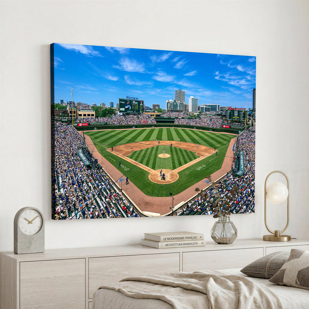 Wrigley Field Baseball Stadium Canvas Wall Art, Packed Crowd and Chicago Skyline
