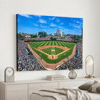 Wrigley Field Baseball Stadium Canvas Wall Art, Packed Crowd and Chicago Skyline