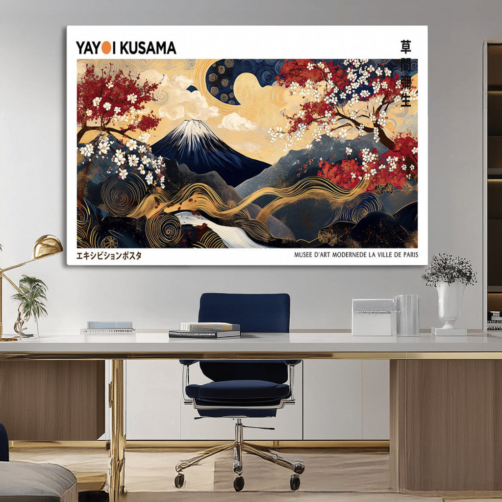 Yayoi Kusama Inspired Japanese Art Canvas Print, Floral Mt. Fuji Modern Asian Wall Decor