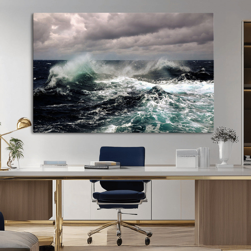 Stormy Ocean Waves Canvas Wall Art, Framed Turbulent Sea Nature Print