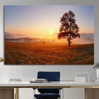 Golden Sunrise Landscape Canvas Wall Art, Framed Misty Field Nature Print