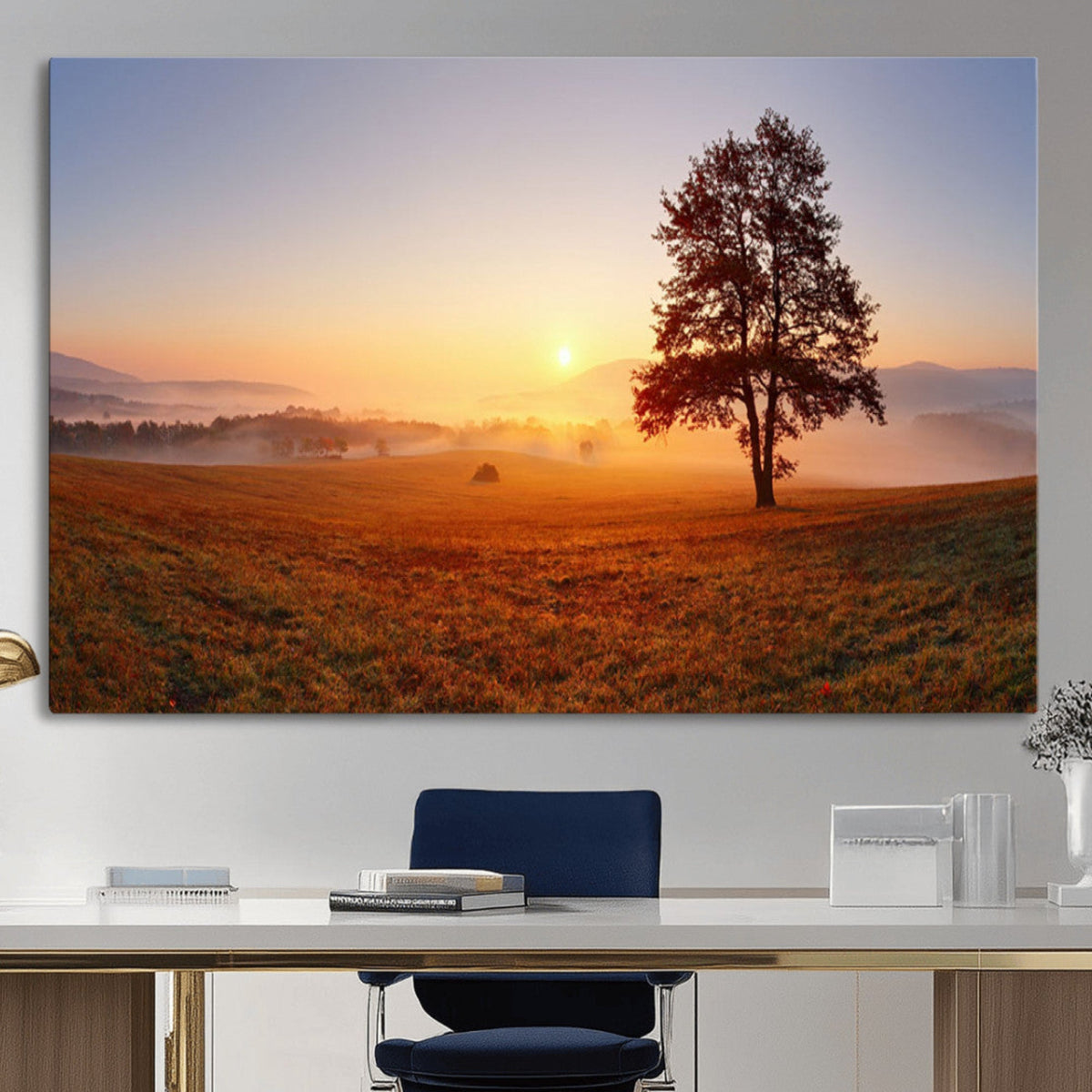 Golden Sunrise Landscape Canvas Wall Art, Framed Misty Field Nature Print