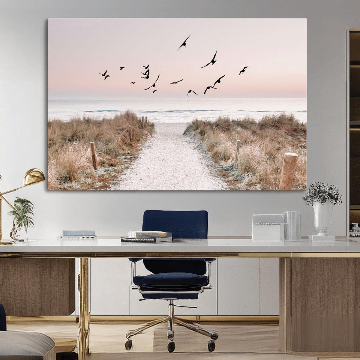 Coastal Pathway Canvas Wall Art Print, Framed Seaside Landscape with Beach and Birds