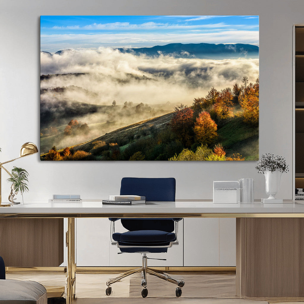 Misty Autumn Hills Wall Art Canvas Print, Foggy Forest Landscape with Fall Foliage