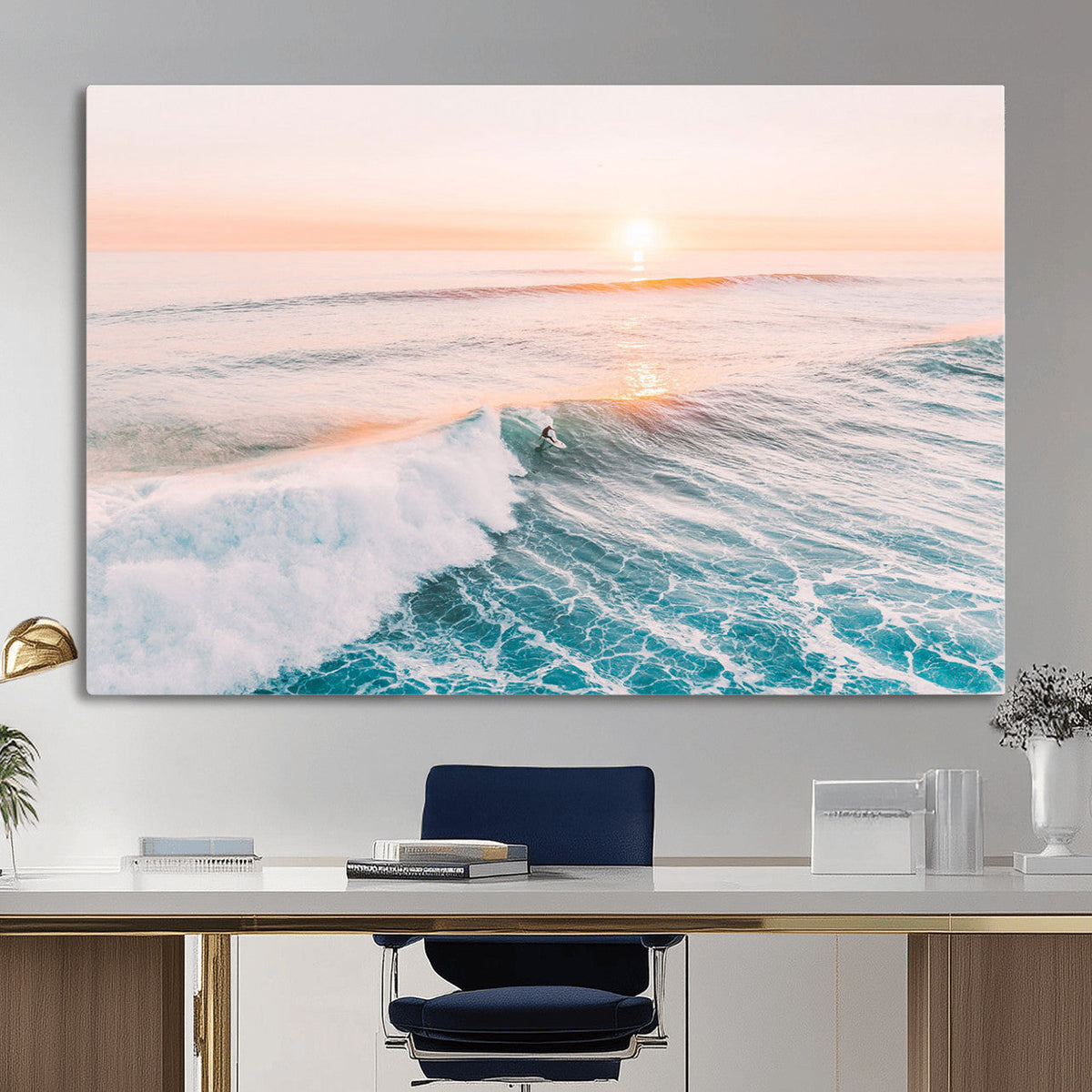 Sunset Surfing Wall Art Canvas Print, Ocean Wave Surfer with Golden Sky