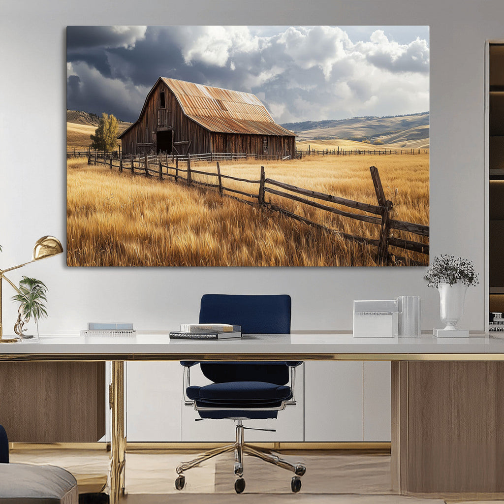 Golden Wheat Field Barn Canvas Print, Rustic Farm Landscape Under Dramatic Sky