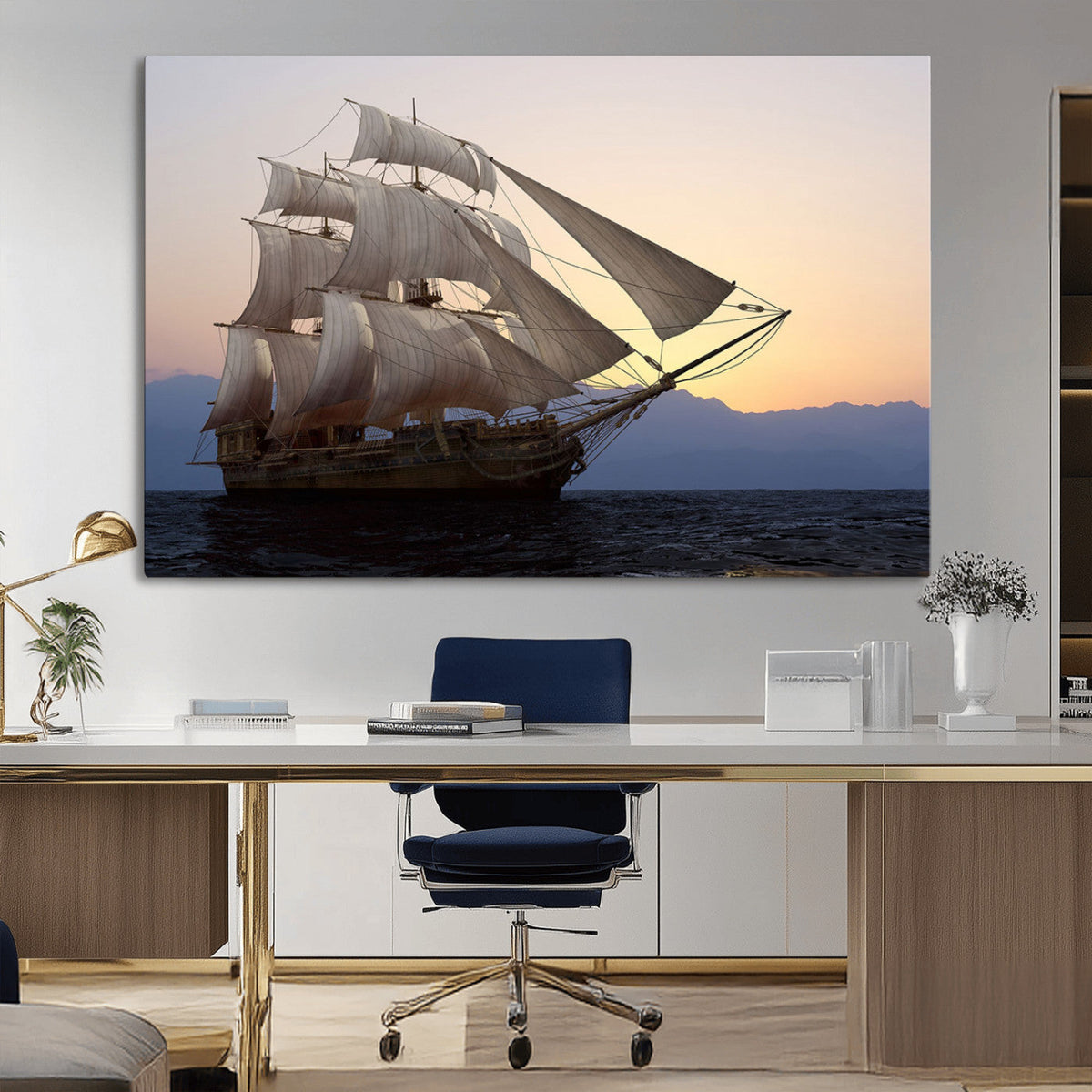 Majestic Sailing Ship Wall Art Canvas Print, Sunset Ocean Voyage with Tall Ship