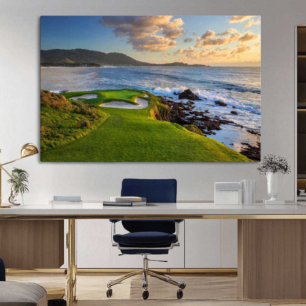 Coastal Golf Course Wall Art Canvas Print, Sunset with Rolling Green Fairways and Ocean Waves