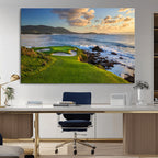 Coastal Golf Course Wall Art Canvas Print, Sunset with Rolling Green Fairways and Ocean Waves