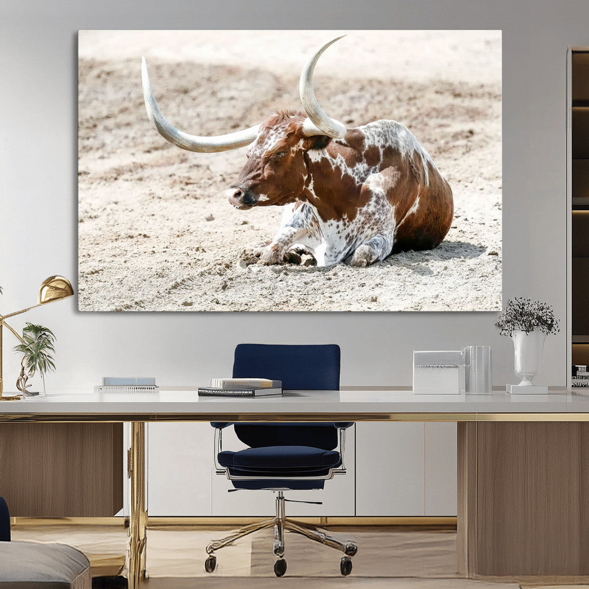 Majestic Longhorn Wall Art Canvas Print, Resting on Sunlit Desert Ground