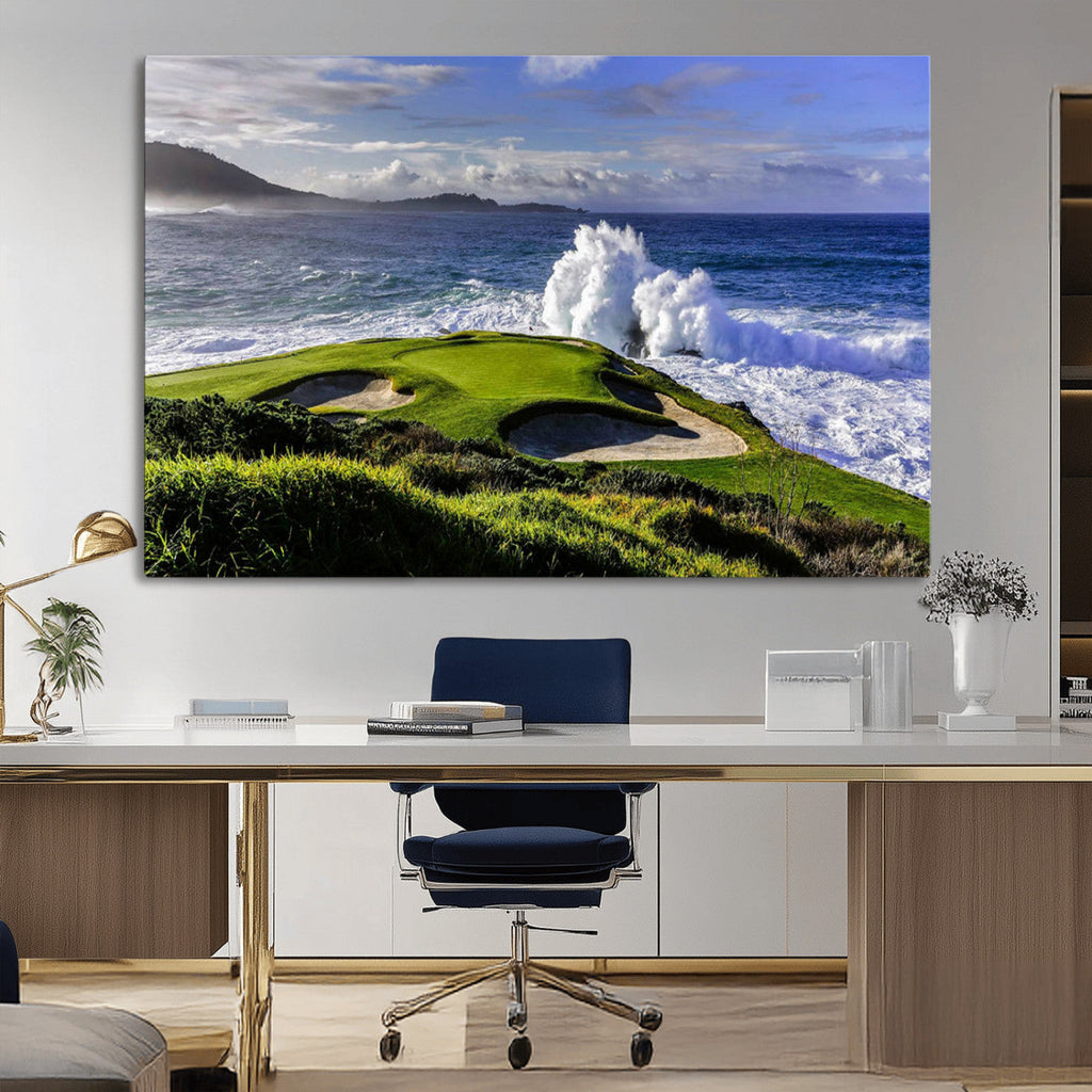 Ocean Waves Crashing Wall Art Canvas Print, Dramatic Rocky Coastline Near a Golf Course