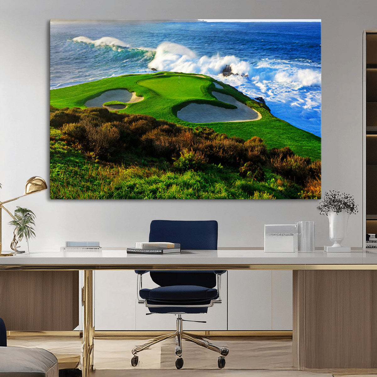 Coastal Golf Course Wall Art Canvas Print, Vibrant Green with Sand Bunkers and Ocean Waves
