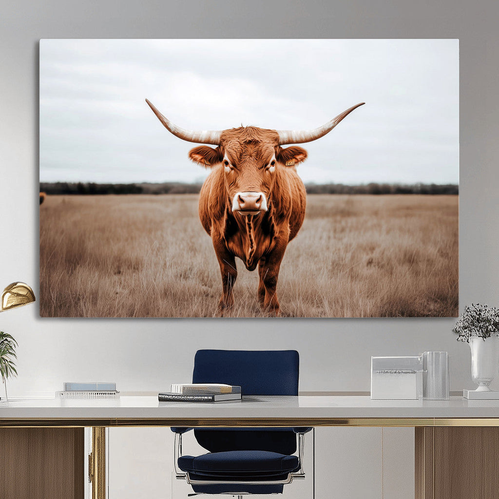 Longhorn Bull Wall Art Canvas Print, Framed Rustic Decor