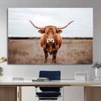 Longhorn Bull Wall Art Canvas Print, Framed Rustic Decor
