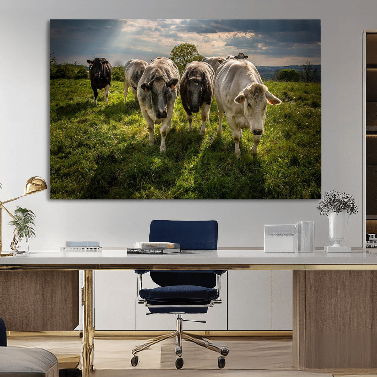 Grazing Cattle Herd Wall Art Canvas Print, Framed Green Pasture Farm Scene
