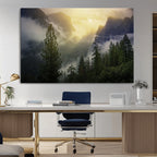 Misty Forest Sunrise Wall Art Canvas Print, Framed Mountain Valley Pine Trees