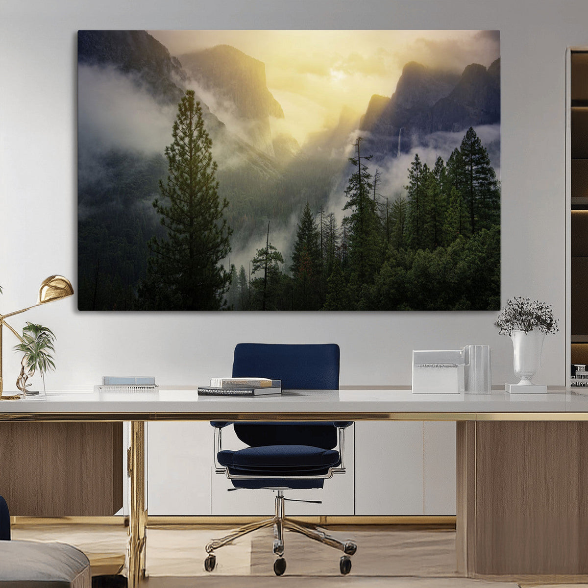 Misty Forest Sunrise Wall Art Canvas Print, Framed Mountain Valley Pine Trees