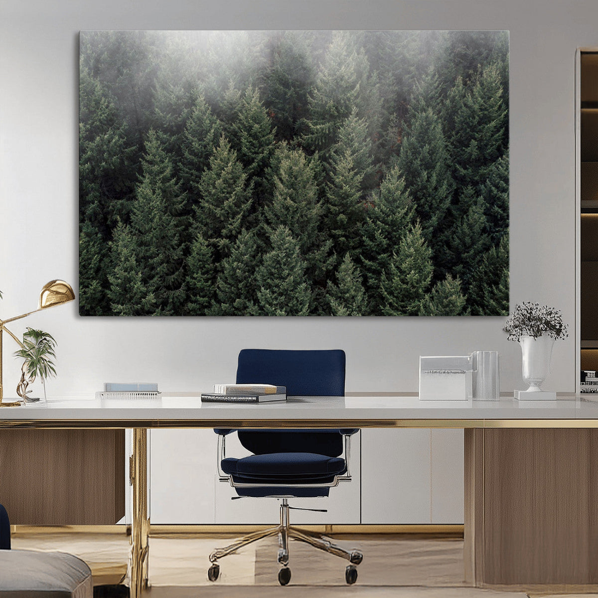 Misty Pine Forest Wall Art Canvas Print, Lush Green Trees Surrounded by Gentle Fog