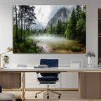 Misty Lake Forest Wall Art, Green Trees and Calm Water Reflection, Mountain Fog Landscape Canvas