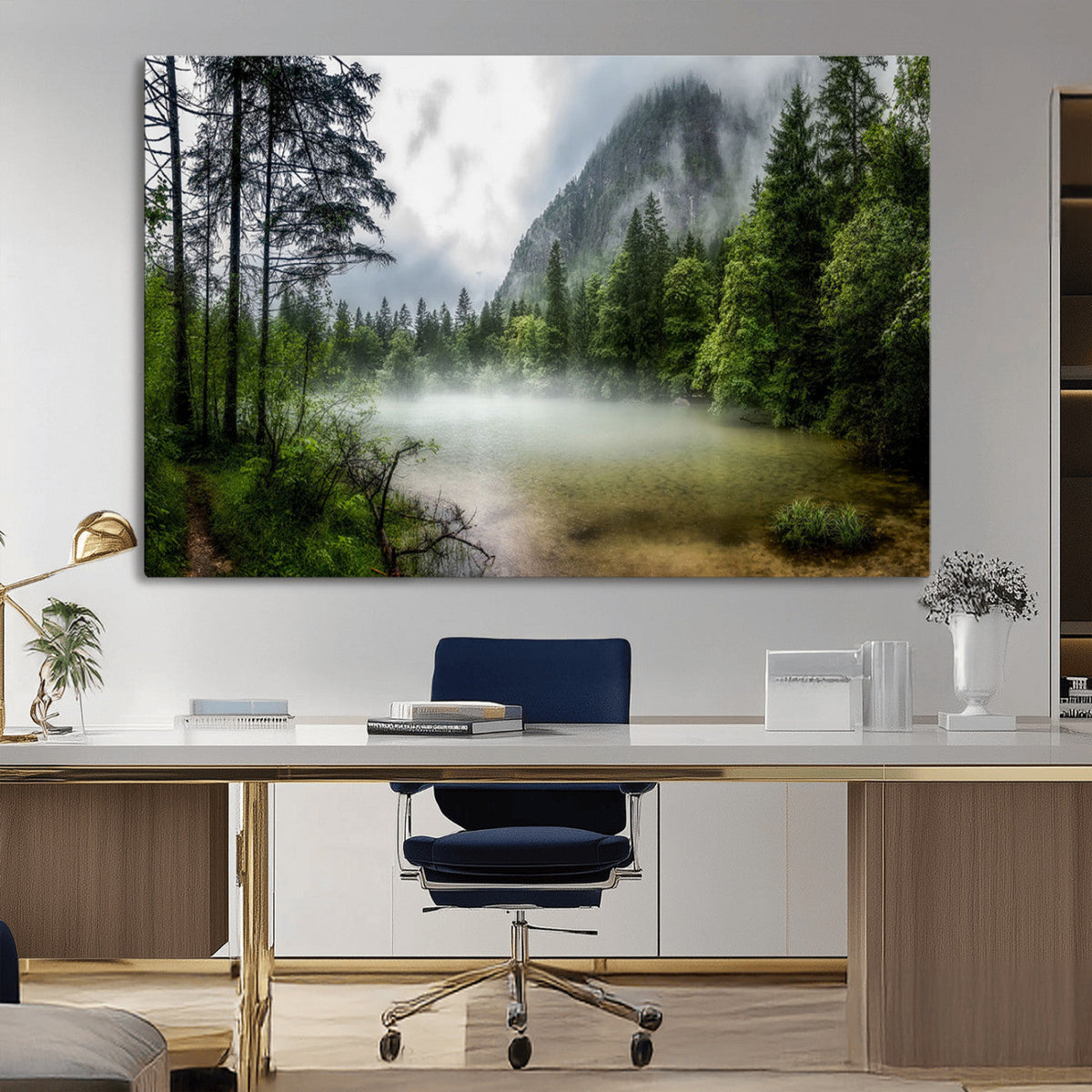 Misty Lake Forest Wall Art, Green Trees and Calm Water Reflection, Mountain Fog Landscape Canvas