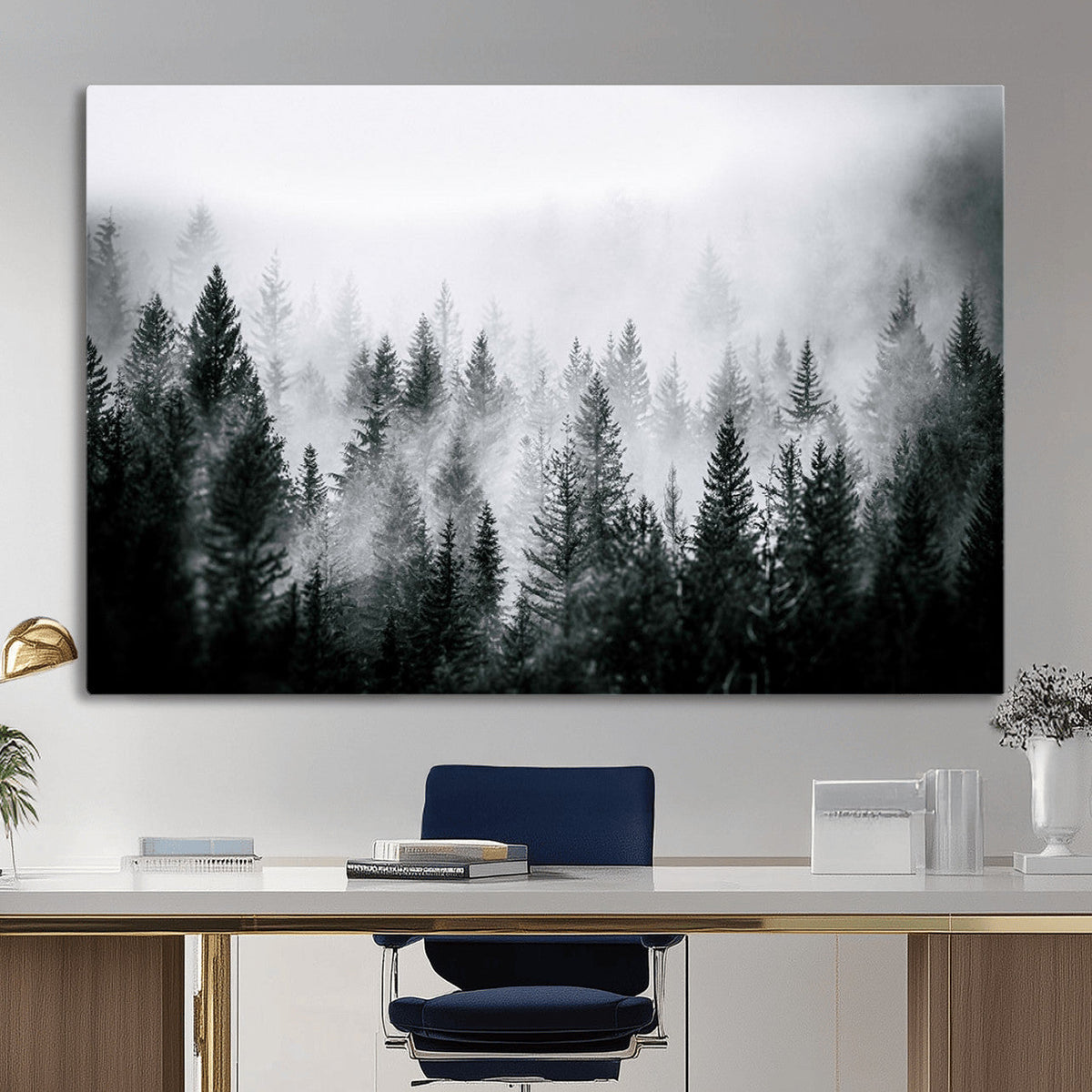 Foggy Forest Wall Art Canvas Print, Mountain Woodland Landscape, Minimal Nature Decor