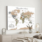 Custom Beige Push Pin World Map Wall Art, Bucket List Map, Study and Hallway Decor