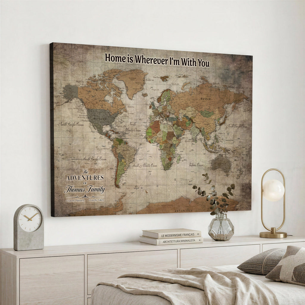 Personalized Beige Geometric World Map Canvas with Push Pins, Next Trip Planner Map, Study and Entryway Decor