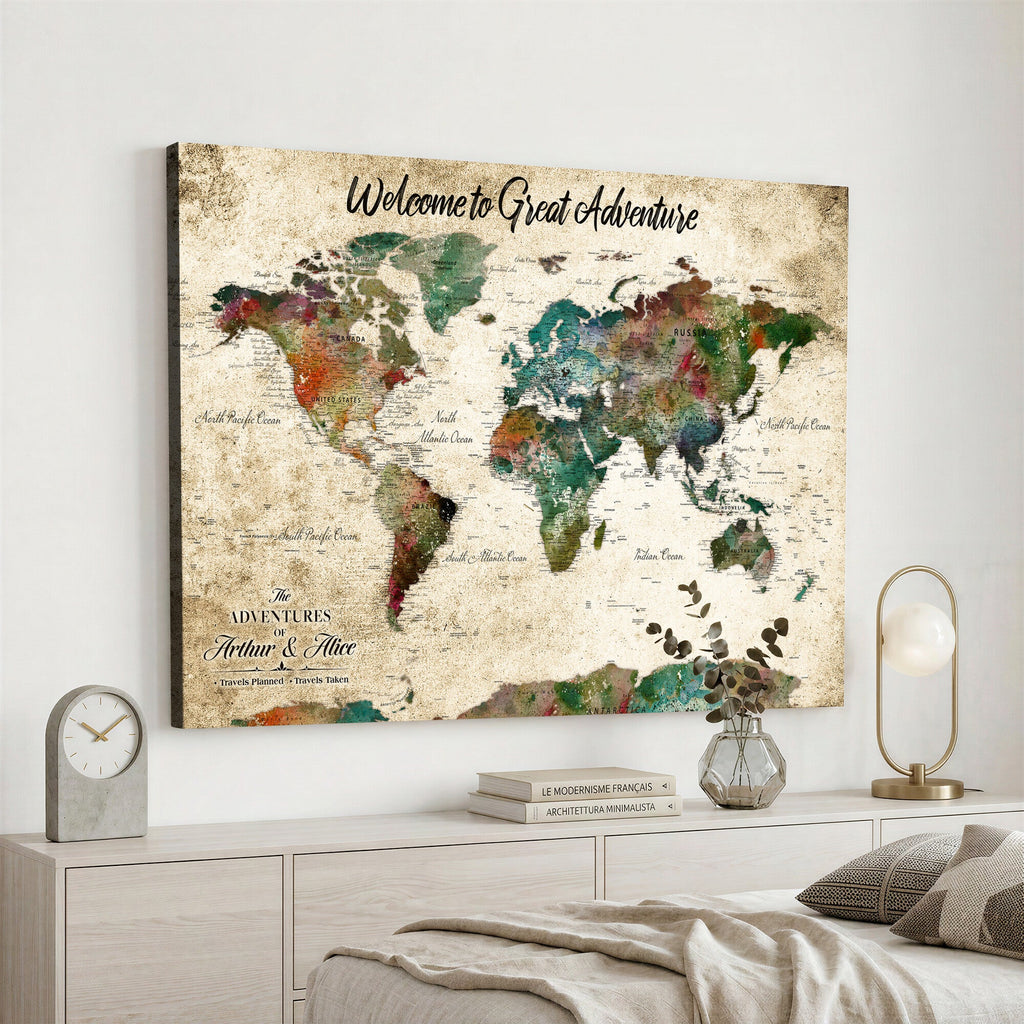 Personalized Beige Grunge World Map Canvas with Push Pins, Next Trip Planner Map, Family Room and Home Office Decor