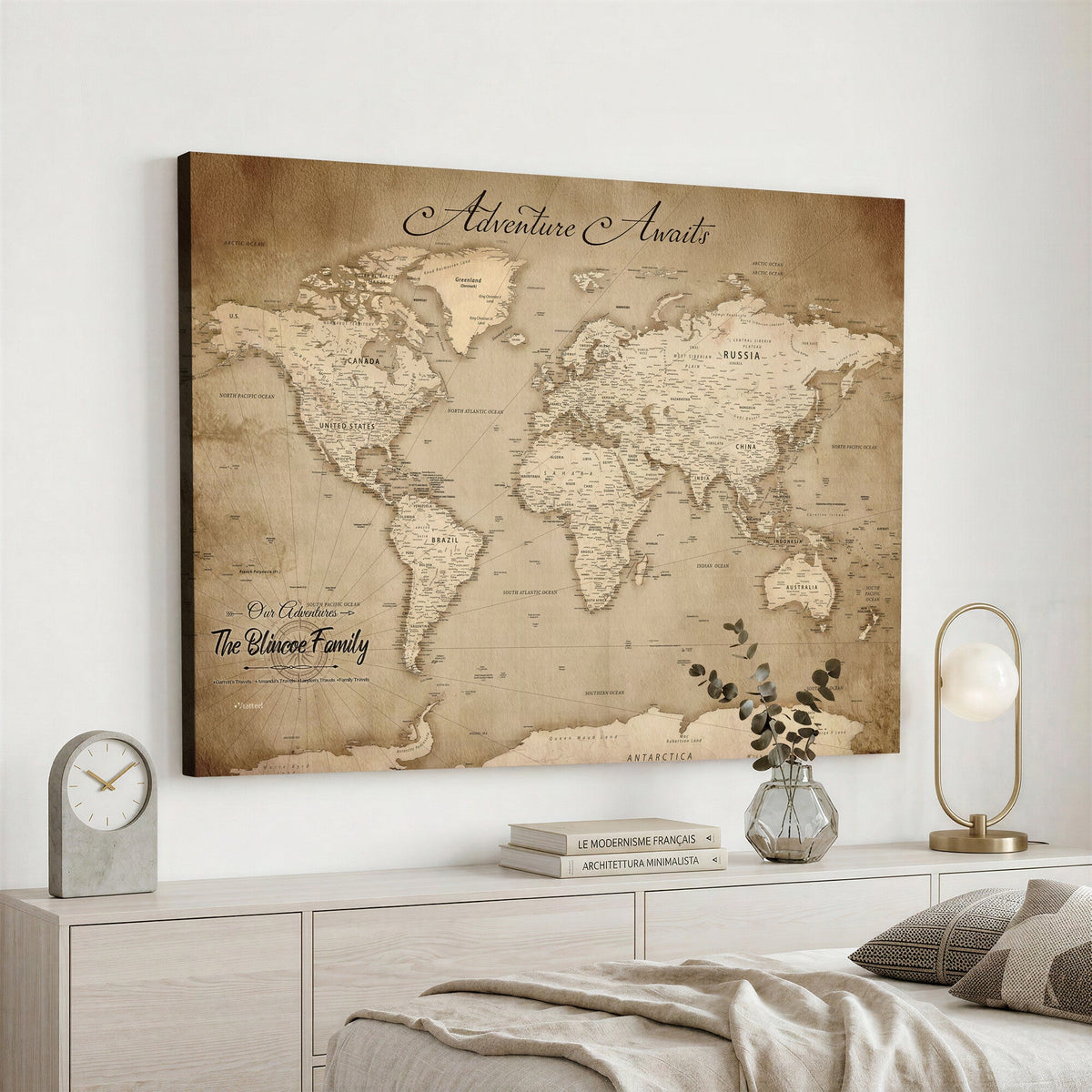 Personalized Black Modern Push Pin World Map Wall Art, Places Visited Tracker, Family Room and Bedroom Decor