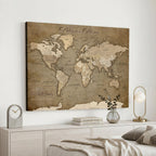Custom Beige Modern Push Pin World Map Canvas Print, Family Travel Tracker, Dining Room and Home Office Decor